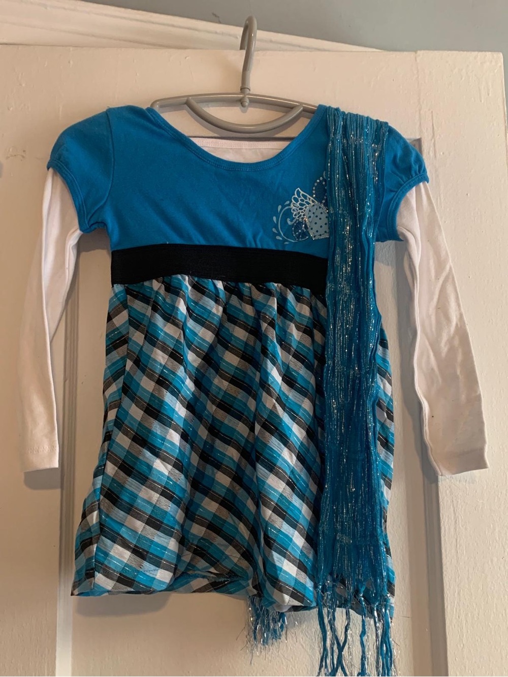 Girls Blue Plaid Layered Long-Sleeve Top with Black Waistband
